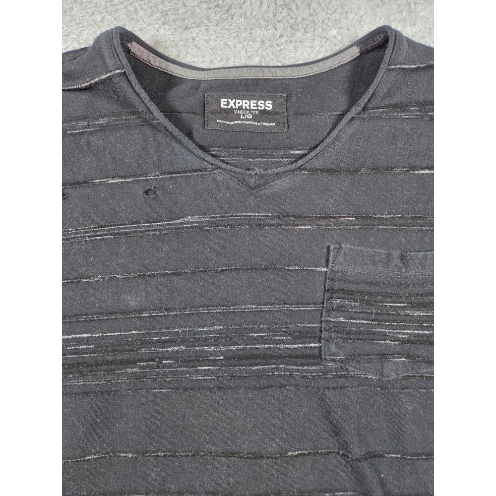Express Mens V-Neck Pocket Tee Large Striped Faded Black Distressed T-Shirt